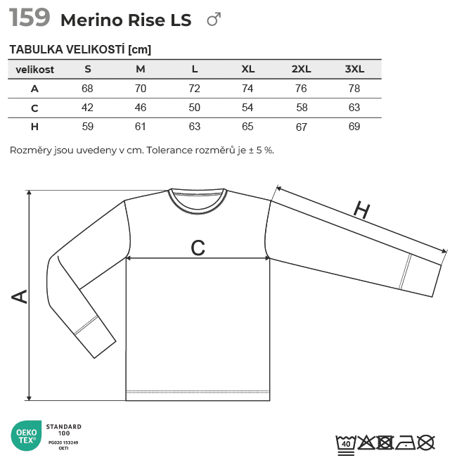 159 Merino Rise LS triko pánské Tabulka velikostí